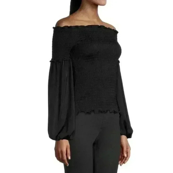 Kobi Halperin Womens Elaine Off The Shoulder Smocked Shirt Blouse Top Black - Picture 1 of 6